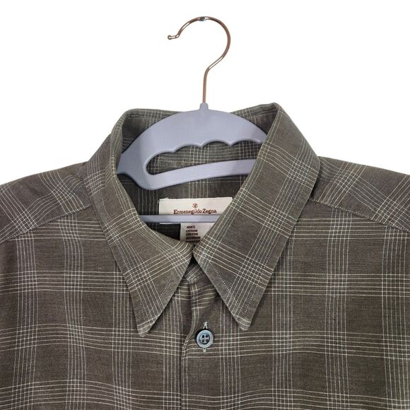 ERMENEGILDO‎ ZEGNA Shirt Mens Medium Brown Gray Pocket Button Front Dress Top - Picture 8 of 10
